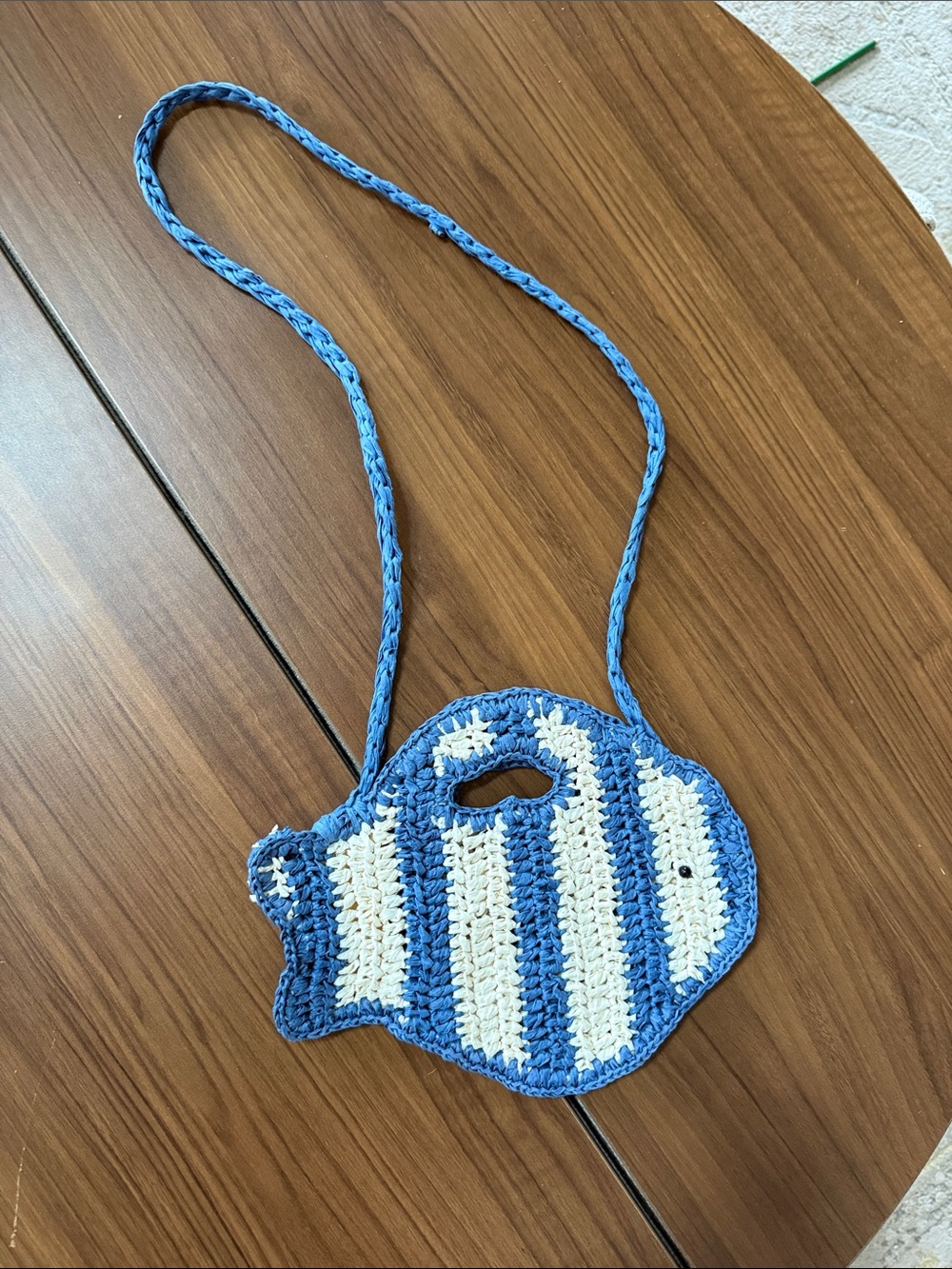 J Crew Blue and White Striped Crochet Fish Crossbody Bag